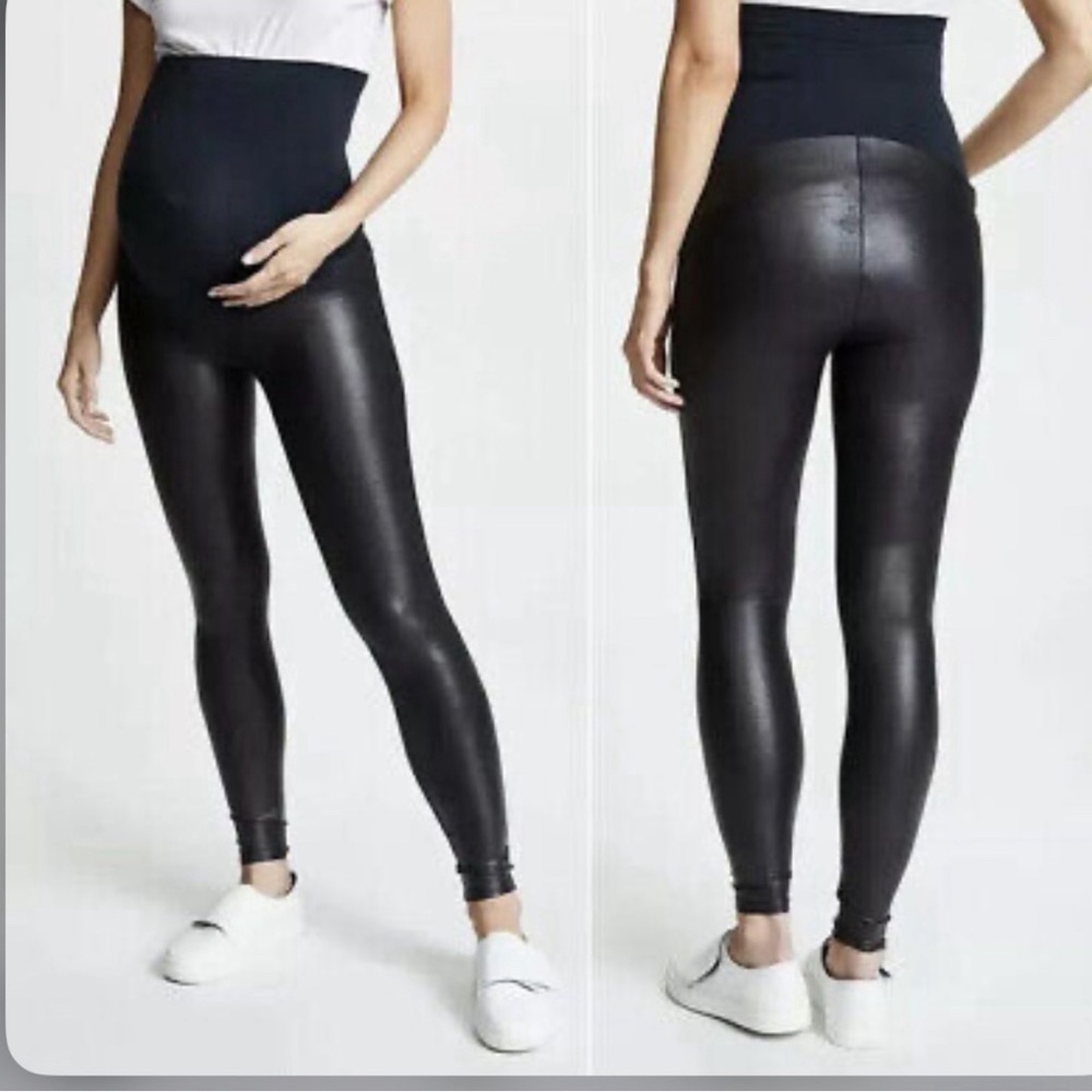 Spanx Mama Magic Faux Black Leather Maternity Leggings Comfort Glossy belly band
